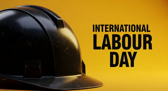 Black hard hat and International Labour Day text on yellow