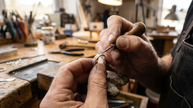 Jeweler engraving a silver ring, Hands of a craftsman in a workshop, Close up of jewelry making process