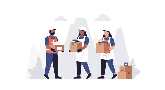 Group of diverse delivery workers and warehouse staff holding cardboard boxes. EPS Editable. Vector Illustrations.