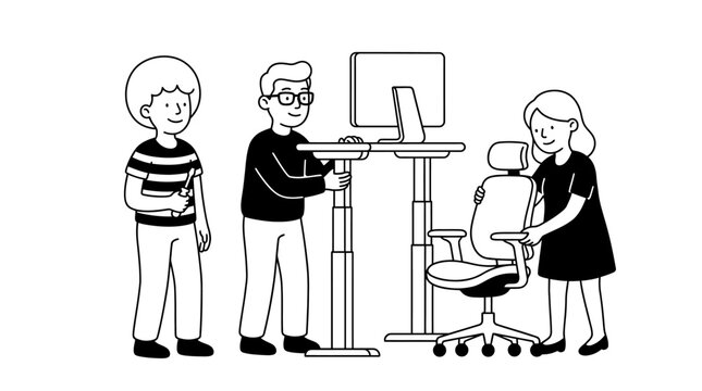 Group of diverse office workers setting up an adjustable standing desk and ergonomic chair. EPS Editable. Vector Illustrations.