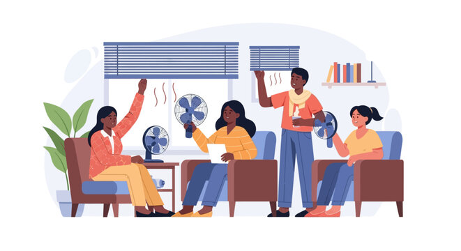 Group of diverse people feeling hot and trying to cool down with electric fans in an office setting. EPS Editable. Vector Illustrations.