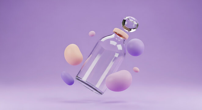 Glass bottle with pastel blobs floating around a soft purple background, abstract 3d render for design