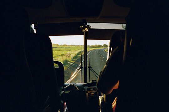 View from the interior of the bus on the road through NSW, Australia 