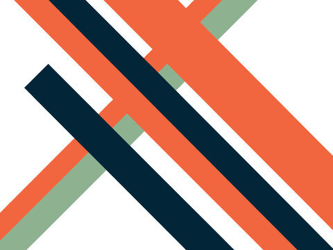 A vibrant graphic design featuring intersecting lines and shapes in orange, blue, and green hues on a white background