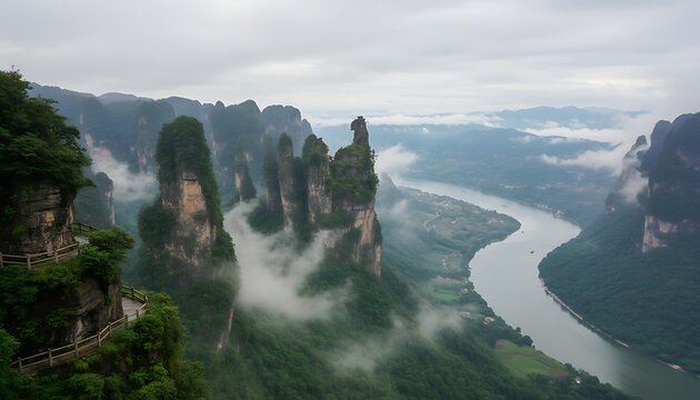 Misty river winding through lush green karst mountains in overcast foggy landscape winding river