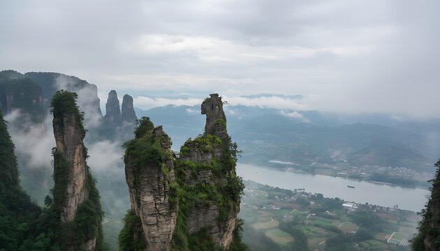 Misty karst mountain peaks with lush green vegetation overlooking a foggy river valley