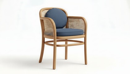 Fototapeta premium Single light wooden wicker armchair with blue cushion against white background