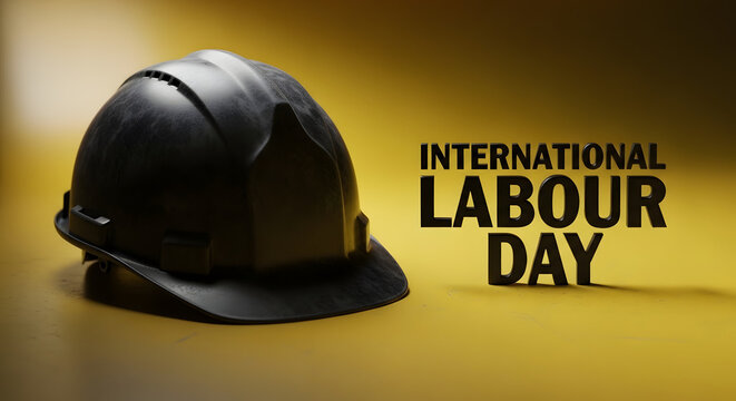 Black hard hat and International Labour Day text on yellow