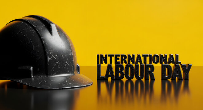Black hard hat and International Labour Day text over yellow