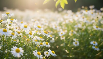 Soft sunlit field of white and yellow wild daisies in gentle morning light © Arif's Media