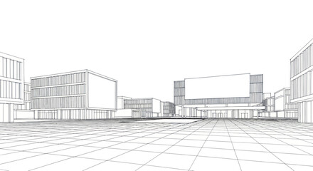 Modern Architectural Sketch of a City Square with Buildings. © Dika