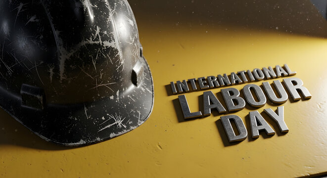 Construction hard hat with International Labour Day text on yellow
