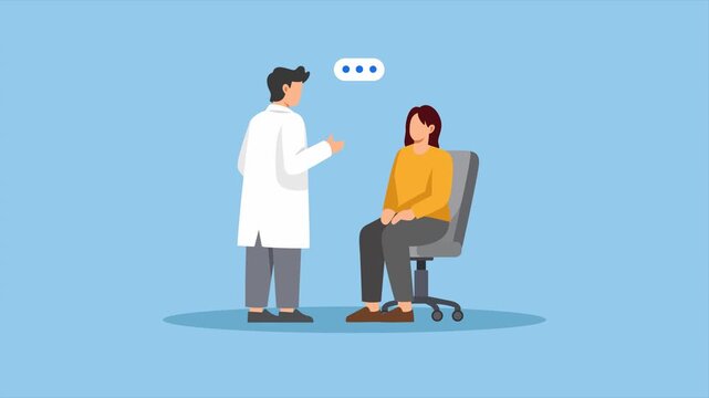 Video animation motion graphic of doctor consulting seated female patient discussion, 2D flat cartoon stock footage 4K high quality