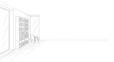 Modern Interior Design Sketch with Bookshelves and Seating Area. © Dika
