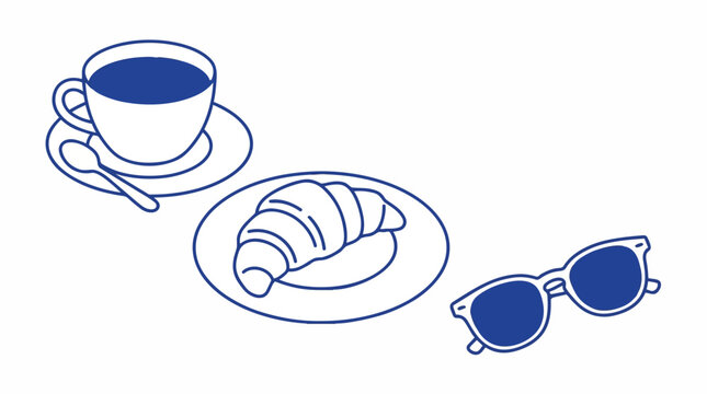 Minimalist blue line art of a coffee cup, fresh croissant and sunglasses on white background, suitable for caf&eacute; menus, travel blogs and lifestyle ads.