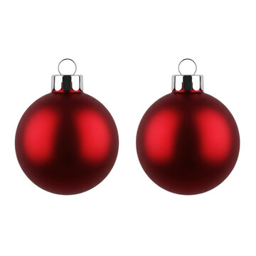 Two identical hyperdetailed cardinal red matte christmas ornaments with polished silver caps, macro top-down view on seamless transparent background. Concept of geometric perfection