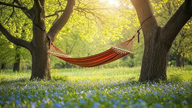 Relaxing Hammock Swinging Between Trees in a Serene Garden Setting