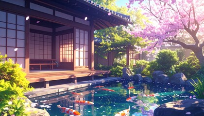 Fototapeta premium Serene Japanese House with Koi Pond and Cherry Blossom.