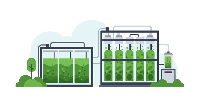 Industrial Algae Cultivation System with Bioreactors. EPS Editable. Vector Illustrations.