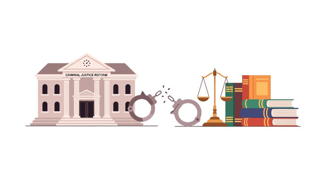 Legal justice concept featuring a courthouse building with handcuffs and law books. EPS Editable. Vector Illustrations.