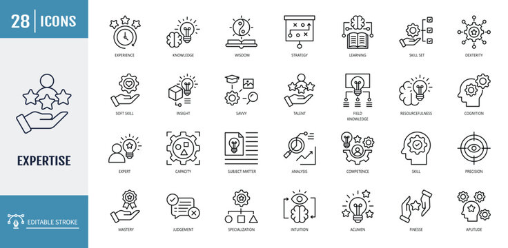 Expertise icon collection set. Icons related to knowledge, skill, proficiency, mastery, competence, specialization, experience, capability, aptitude, talent, expert, insight. Outline icon set. Vector 