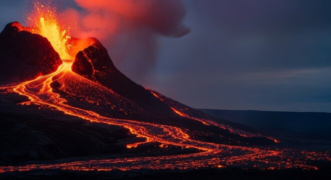 Intense cinematic view of molten lava flowing down a rugged mountain slope during a massive volcanic eruption with smoke and flying ash, earth, wild, disaster