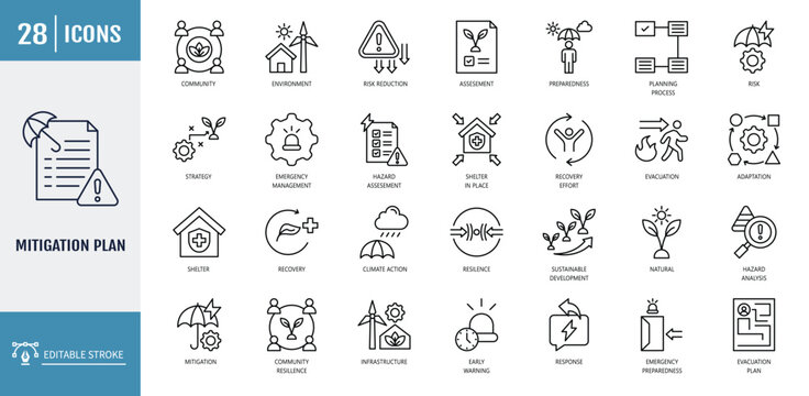 Mitigation icon set. Icons related to preparedness, disaster, risk, reduction, strategy, resilience, vulnerability. Outline icon set. Vector illustration with editable stroke