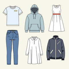 A flat illustration showcasing a collection of casual clothing items for everyday wear, presented in a clean, minimalist style. © nur
