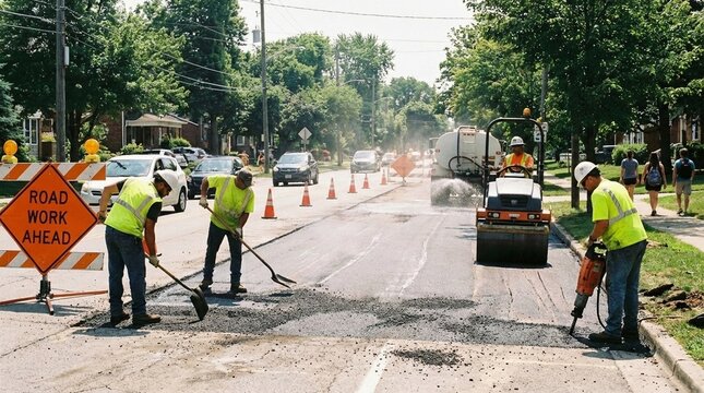 Road crew repairs asphalt on a suburban street with cones and a roller, bright safety vests and dust in sunlight, practical civic maintenance and traffic control