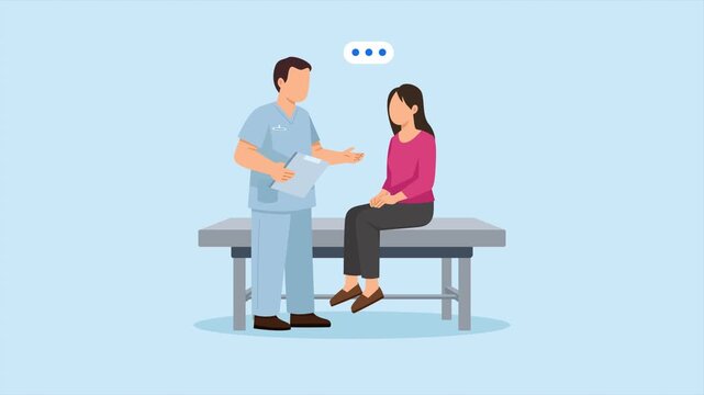 Video animation motion graphic of nurse explaining medical care to female patient, 2D flat cartoon stock footage 4K high quality