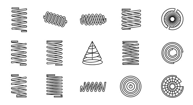 collection of various spring coil and helix shape line art icons representing elastic mechanical engineering components for design resources