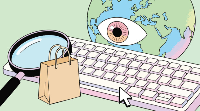 Global E-commerce and Online Shopping Search Concept with Keyboard and Magnifier