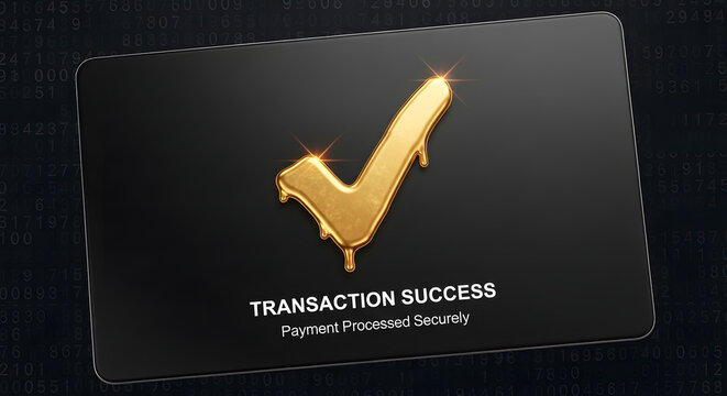 Successful payment transaction with liquid gold checkmark icon