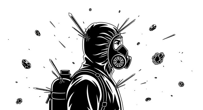 person in a gas mask and protective suit faces a hazardous environment impaled by sharp fragments depicting danger and resilience.