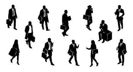Obraz premium collection of black silhouettes of business people with briefcases and phones