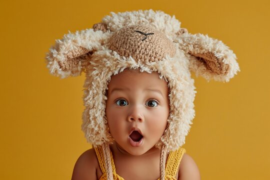 Surprised baby wearing a cute sheep hat against a yellow background