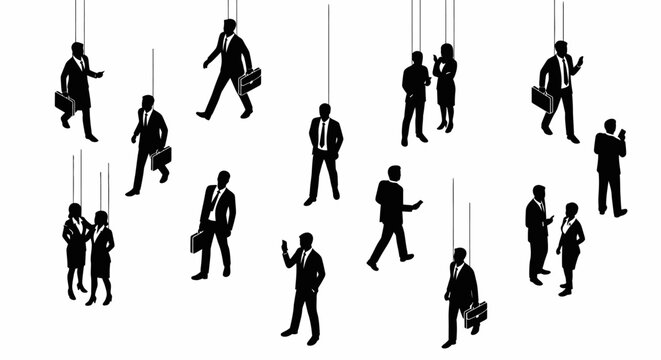 business people as puppets on strings in an isometric illustration a concept of corporate control and manipulation