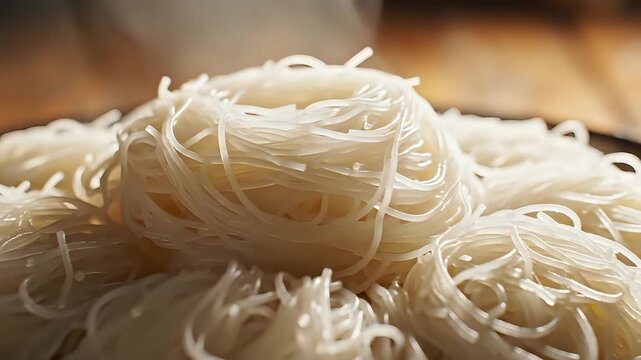 Closeup of a pile of uncooked thin white noodles.