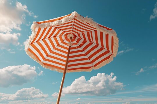 Vintage striped beach umbrella against a bright blue sky with clouds