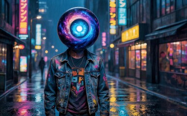 Obraz premium Rainy neon street person with cosmic eye head vibrant urban fantasy