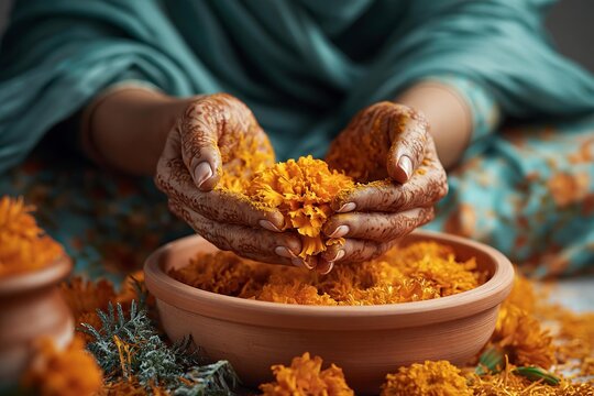 Woman's hands with henna decorated, holding marigold flowers over a bowl