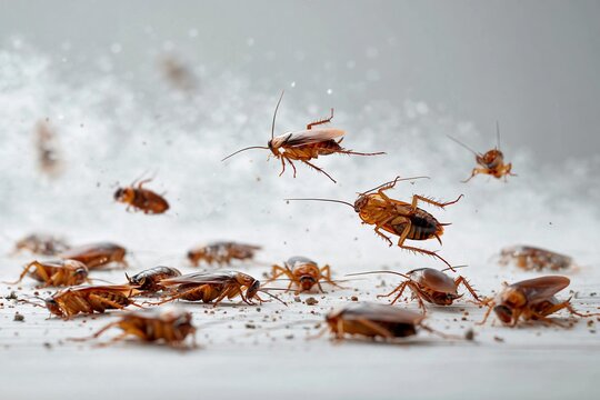 A swarm of cockroaches scattered across a bright, dusty surface
