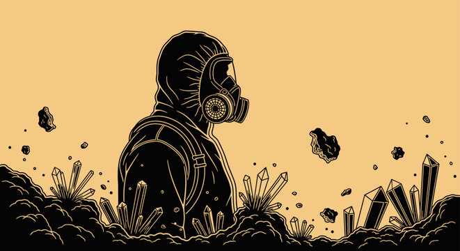 hazmat suit figure with gas mask exploring desolate alien landscape with glowing crystals for science fiction themes and environmental risk.