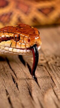 Corn snake (Pantherophis guttatus) close-up with forked tongue flick, showing detailed head scales and eye on wooden surface, macro static shot with shallow depth of field.