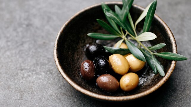 assorted olives in ceramic bowl, gourmet appetizer, food styling