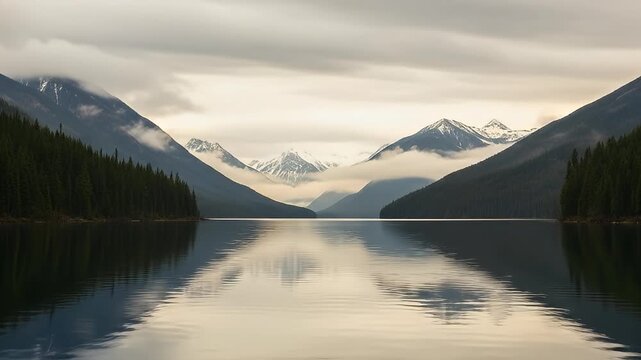 Dramatic Landscape of Serene Lake in Mountainous Region