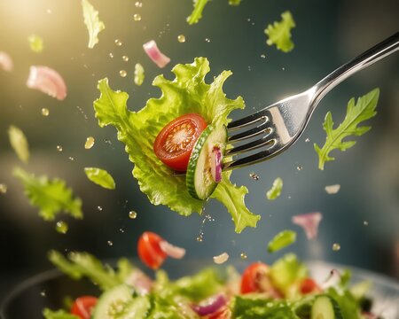 Gabel mit fliegendem Salat und Gem&uuml;setropfen
Eine Gabel hebt frischen Salat mit Tomate und Paprika in einer dynamischen Szene mit schwebenden Tropfen.