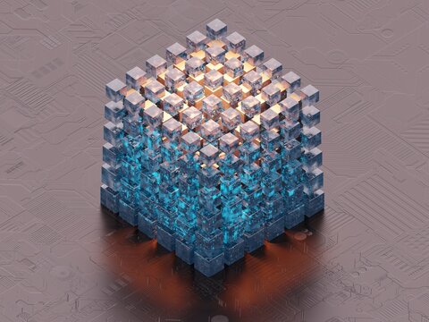 Stacked Cubes Create a Glowing Structure on a Circuit Board Surface
