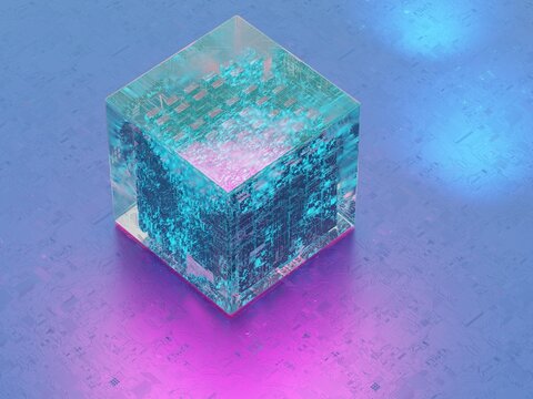 Digital Cube Sits on Surface With Glowing Colors and Patterns