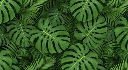 Obraz premium Lush tropical pattern featuring oversized monstera leaves and green palm fronds, creating a dense jungle aesthetic for botanical wallpaper, plant, environment, garden